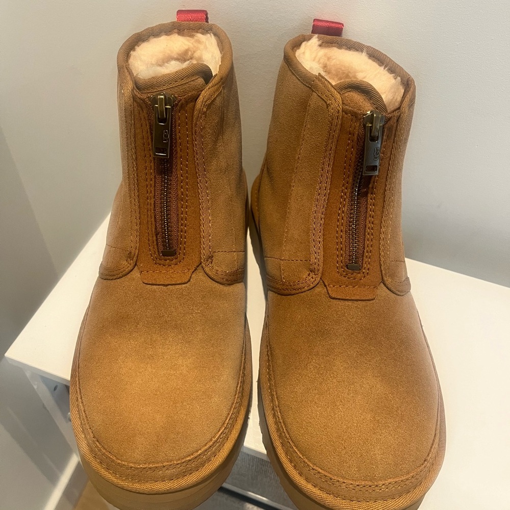 UGG Neumel Platform Zip Suede Booties Chestnut Brown Size 9